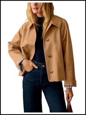 Womens Short Trench Jacket Plaid Lined Button Front Lightweight Casual Coat